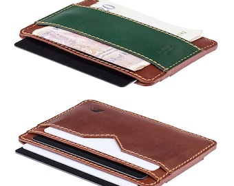 Billetera de cuero minimalista delgada para tarjetas + efectivo plegado / Billetera delgada con bolsillo frontal / Billetera fina de cuero hecha a mano para tarjetas de cuero genuino