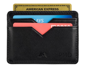 Personalized Black Leather Card Wallet: Slim Minimalist Card Holder