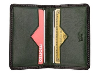 Billetera plegable pequeña verde para hombre - Billetera delgada con bolsillo frontal para tarjetas - Billetera de cuero verde hecha a mano - Estuche de cuero para tarjetas de crédito