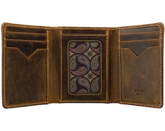 Trifold Wallet For Cards & Cash With Central ID Window - Leather Folding Wallet (Raw Tan)