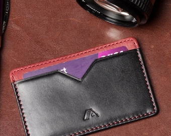 Mens Leather Card Holder: Slim Minimalist Wallet, Black & Red