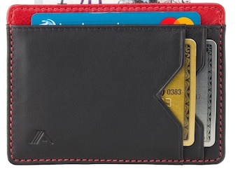 Slim RFID Black/Red Leather Card Holder Wallet - Mens Minimalist Credit Card Wallet - Wallet With Clear ID/Photo Window - Wallet Gift Men