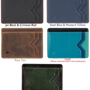 May include: Four leather card holders in different colors: jet black and crimson red, steel blue and mustard yellow, raw tan, and burnished green. The card holders have a unique design with a zig-zag pattern on the front.
