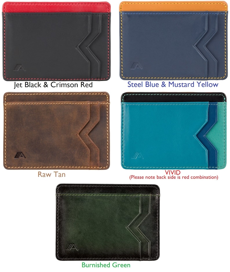 May include: Four leather card holders in different colors: jet black and crimson red, steel blue and mustard yellow, raw tan, and burnished green. The card holders have a unique design with a zig-zag pattern on the front.