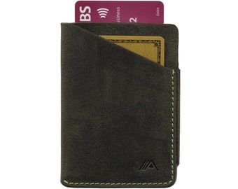 Funda para tarjeta de crédito de cuero verde con 2 ranuras - Estuche minimalista para tarjetero - Cartera con bolsillo delantero