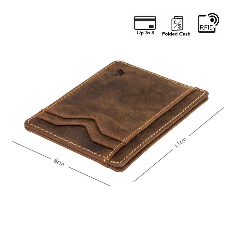 May include: A brown leather wallet with a stitched edge and a pocket for cash. It measures 8 inches by 11 inches and can hold up to 8 cards.