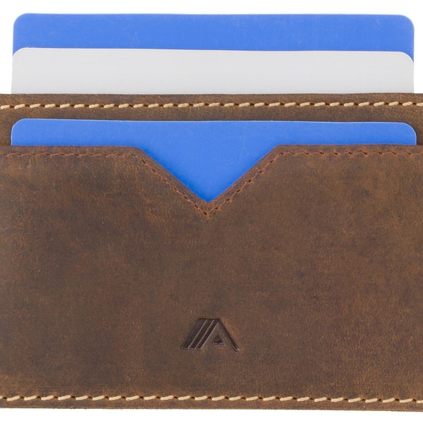 Super Minimalist Leather Credit Card Holder [1 Card Slot On Each Side + Central Pocket] | Nano Yaiba by A-SLIM - Raw Tan