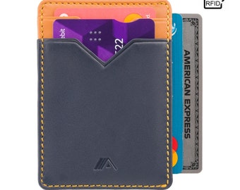 Slim Leather Credit Card Wallet: RFID Blocking, Blue/Yellow