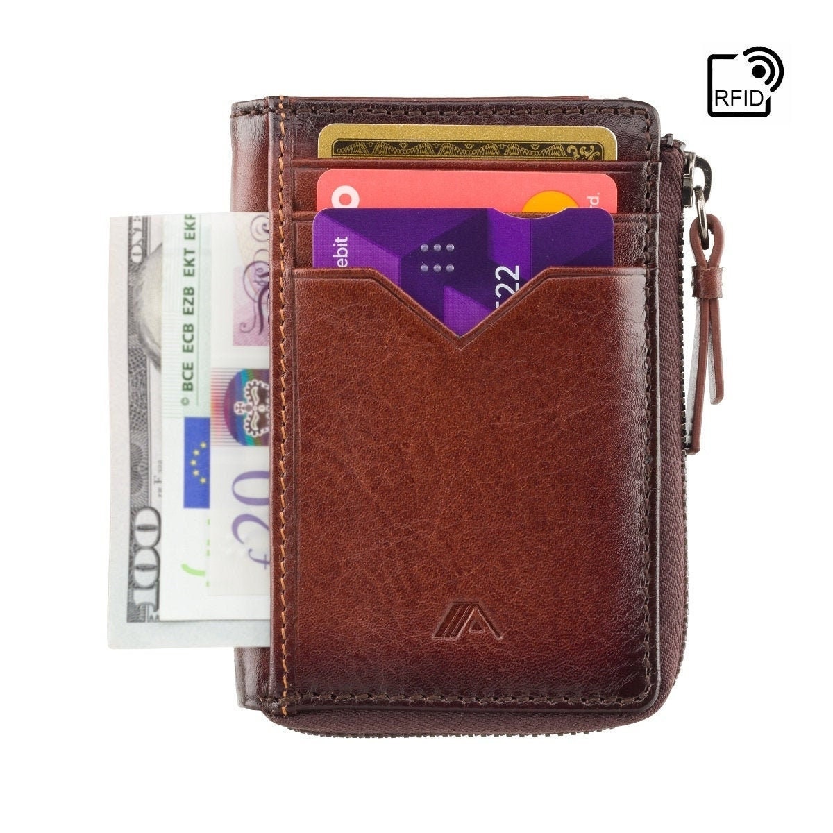 Slim Leather Card Holder With Zipper in Burnished Tan - RFID