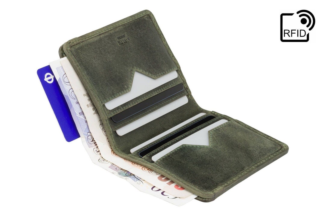 Luxury Bifold Wallet in Green RFID Protected Mens Leather Wallet