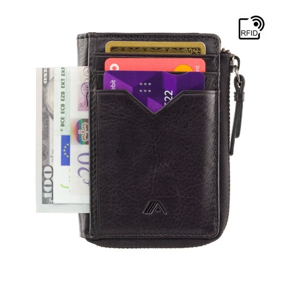RFID Men Zipper Small Wallet Slim Leather Credit Keychain Card