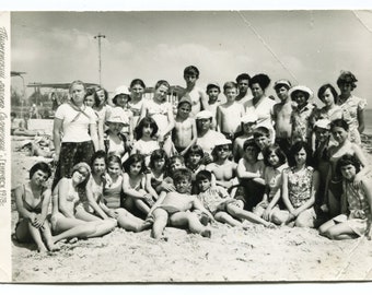 BIG Handsome boys girls children on beach pioneer camp summer holidays snapshot vintage photo found photo