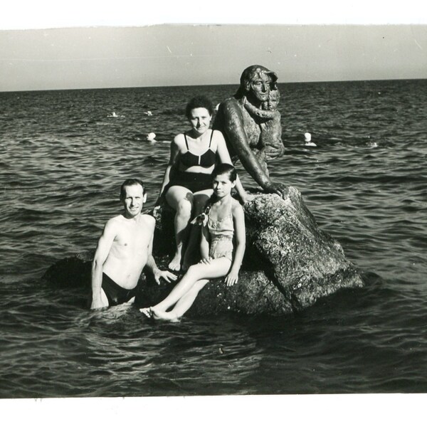 Beautiful girl shirtless man family children on beach summer holidays snapshot vintage photo found photo