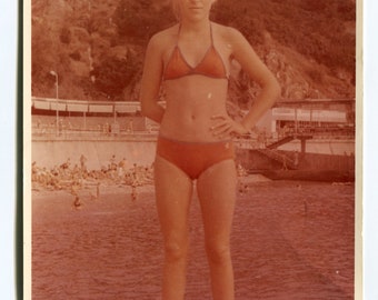 BIG Beautiful teen girl children on beach summer holidays snapshot vintage photo found photo