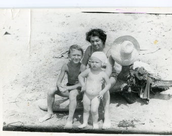 Handsome boy girl children on beach summer holidays snapshot vintage photo found photo