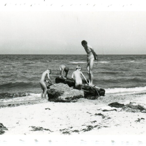 Handsome boys man children on beach summer holidays snapshot vintage photo found photo