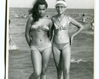 BIG Beautiful teen girls children on beach summer holidays snapshot vintage photo found photo