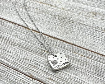 Moon and mountains necklace-handstamped necklace-gift