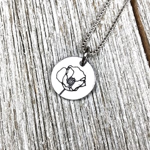 Poppy necklace- Flower necklace- 1/2&quot; handstamped necklace-gift