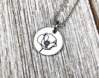 Poppy necklace- Flower necklace- 1/2" handstamped necklace-gift