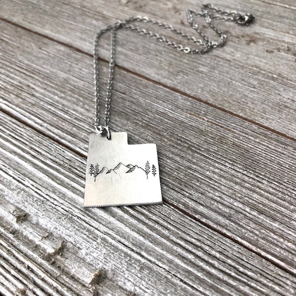 Utah necklace- Mountain and tree necklace-Utah jewelry-beehive state necklace-handstamped necklace-Christmas gift-gift