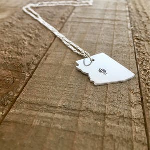 May include: A silver necklace with a pendant shaped like the state of Arizona featuring a small cactus design.