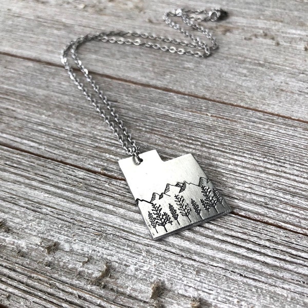 Large Utah necklace- Mountain and tree necklace-Utah jewelry-beehive state necklace-handstamped necklace-Christmas gift-gift