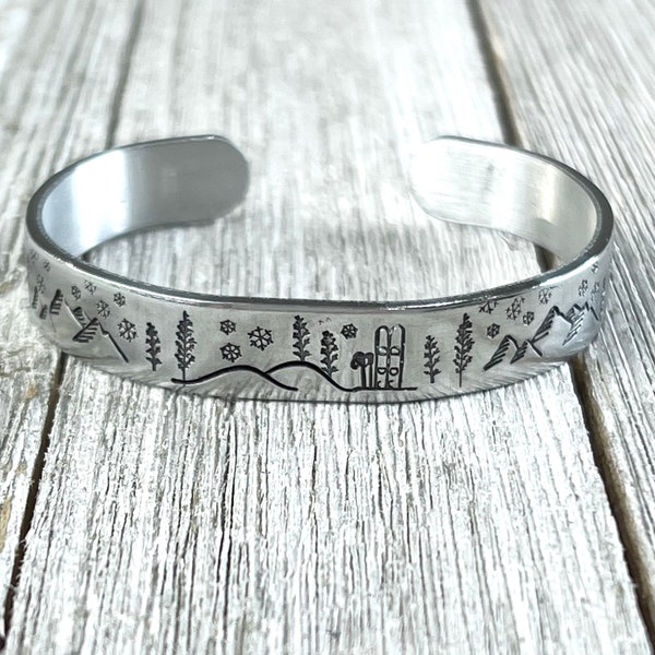 Snow ski bracelet with snowflakes -aluminum cuff