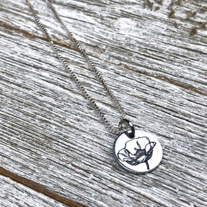 Poppy necklace- Flower necklace- 1/2&quot; handstamped necklace-gift