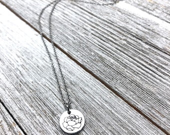 Peony necklace- Flower necklace- 1/2" handstamped necklace-gift