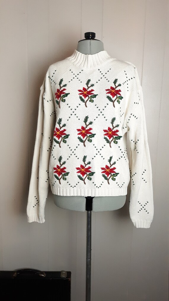 90s Lizsport Christmas poinsettia mock neck pullov