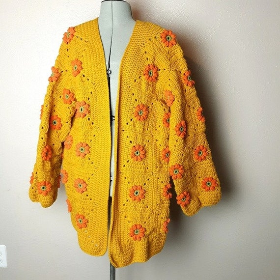VTG mustard granny square floral cardigan