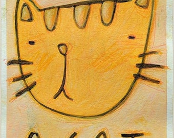 Original Artwork Mixed Media Drawing 12x9 Paper, A Cat (Yellow no.2), Cat Art Poster Special Gift for Cat Lovers Paintings Christmas Gifts