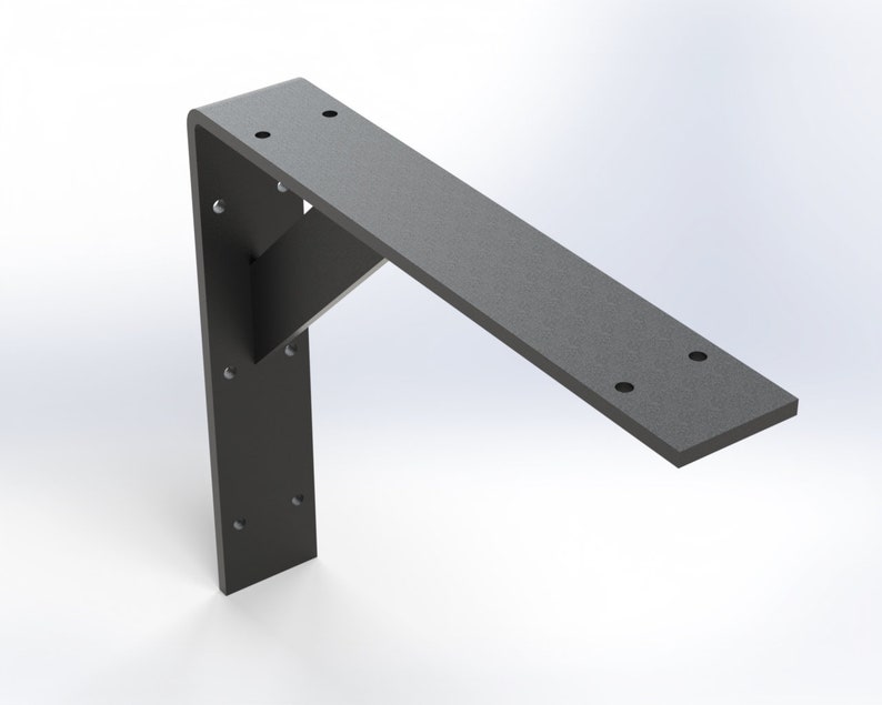 K&ouml;nnte beinhalten: Schwarze Metall-Regalhalterung mit mehreren L&ouml;chern zur Montage. Die Halterung hat einen langen, geraden Arm und eine vertikale St&uuml;tze.