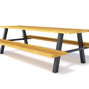 May include: A wooden picnic table with attached benches. The tabletop and benches are made of light-colored wood. The legs and supports are dark gray metal. The table is designed for outdoor use.