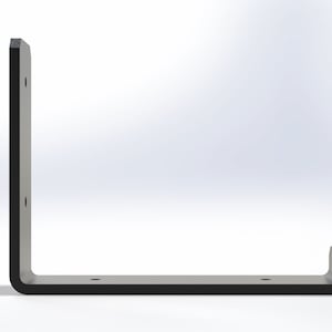 May include: Black metal shelf bracket with rounded edges and four screw holes.