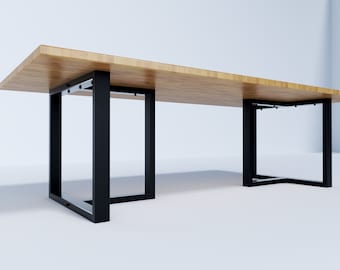 May include: A long wooden table with black metal legs. The table has a rectangular top and the legs are square.