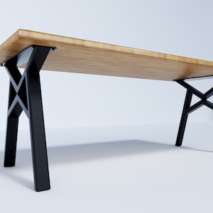 May include: A wooden table with a black metal base. The table has a rectangular top and the base is made of two X-shaped supports.