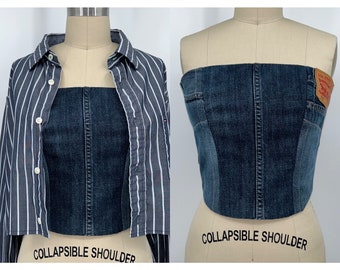 Reworked Levi's Corset and Tommy Hilfiger Shirt Set Patchwork Denim Dark Blue / Blue and White Stripes Size XS