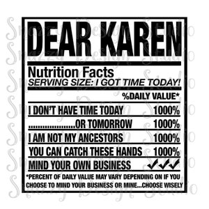 Dear Karen Nutrition Label svg ~ Nutrition Label  ~ Dear Karen svg ~ Instant Download ~ SVG,DXF,EPS