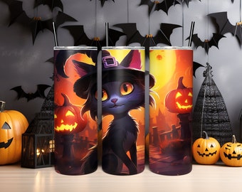 Halloween Tumbler Designs, Black Cat Tumbler Sublimation Wrap, Tumbler Wrap Sublimation PNG, Digital Sublimation File ~ Instant Download
