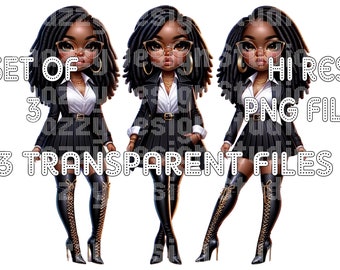 Curvy Chibi African American Woman with Fashionable Clothes Digital Art, Set of 3  Stylish Transparent PNG Files, 146