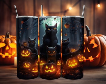 Halloween Tumbler Designs, Black Cat Tumbler Sublimation Wrap, Tumbler Wrap Sublimation PNG, Digital Sublimation File ~ Instant Download