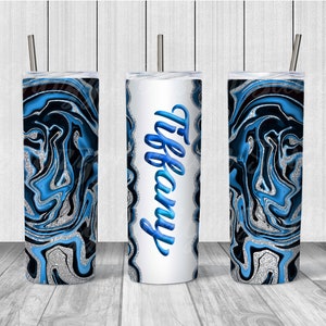 20oz Add Your Own Name/Text Blues Agate Silver Glitter Marble Sublimation Tumbler Design, 20oz Skinny STRAIGHT Tumbler Templates, Instant