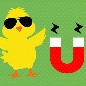 May include: A yellow chick wearing sunglasses is standing next to a red horseshoe magnet with white poles. The magnet has two black lightning bolts on either side of it.