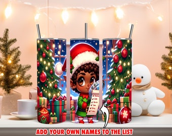 Adorable Chibi Christmas Elf with list Sublimation Wrap, Tumbler Wrap Sublimation PNG, Digital Sublimation File ~ Instant Download