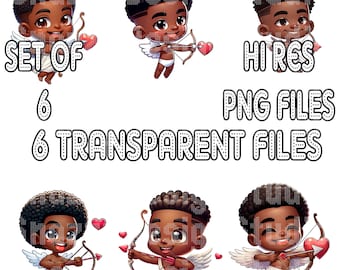 Adorable Set of 6 Cupid Chibi Valentine Png, Smiling Cupids with Bow and Heart Arrow, Transparent Background, Digital File, Instant Download