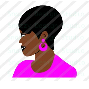 May include: A woman with short black hair wearing a pink shirt and large pink hoop earrings.