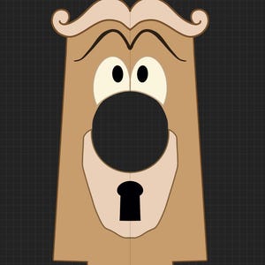 May include: A tan, vertical, rectangular door plate featuring a stylized face design. The plate has a large, round, black central knob, a black keyhole below, and two large, white, oval-shaped eyes with black pupils positioned above the knob.