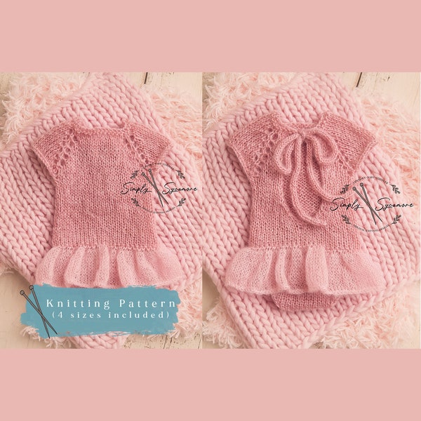 Knitting Pattern Baby Romper Open back skirted Onesie ruffles Size Newborn - 12 months included - INSTANT DOWNLOAD